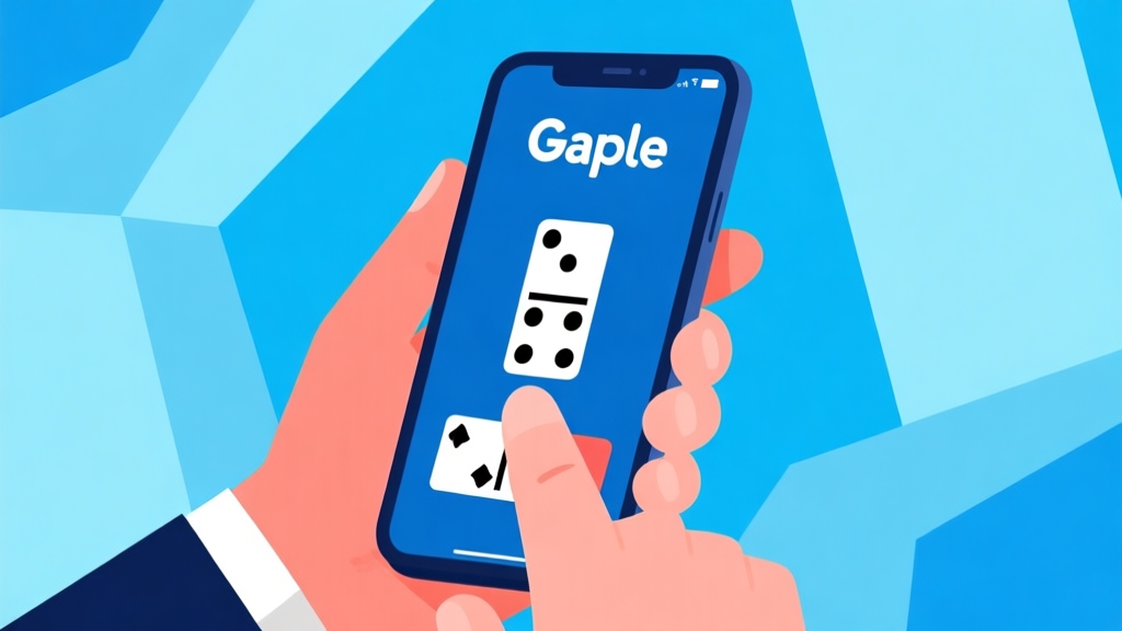 Ilustrasi pemain gaple online sedang berkonsentrasi dengan kartu domino di layar smartphone, latar belakang biru muda dengan elemen geometris abstrak, gaya minimalis profesional high quality illustration, detailed, 16:9