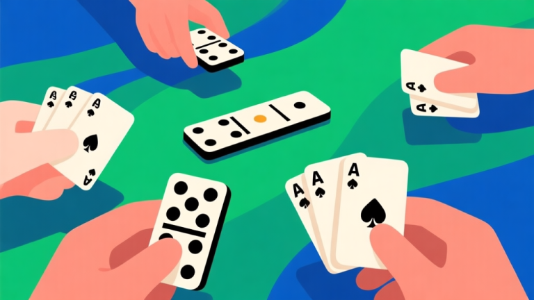 自动生成图片: Ilustrasi digital permainan domino gaple dengan beberapa tangan yang terlihat dari sudut pandang pemain, latar belakang abstrak dengan nuansa hijau dan biru, gaya minimalis modern high quality illustration, detailed, 16:9