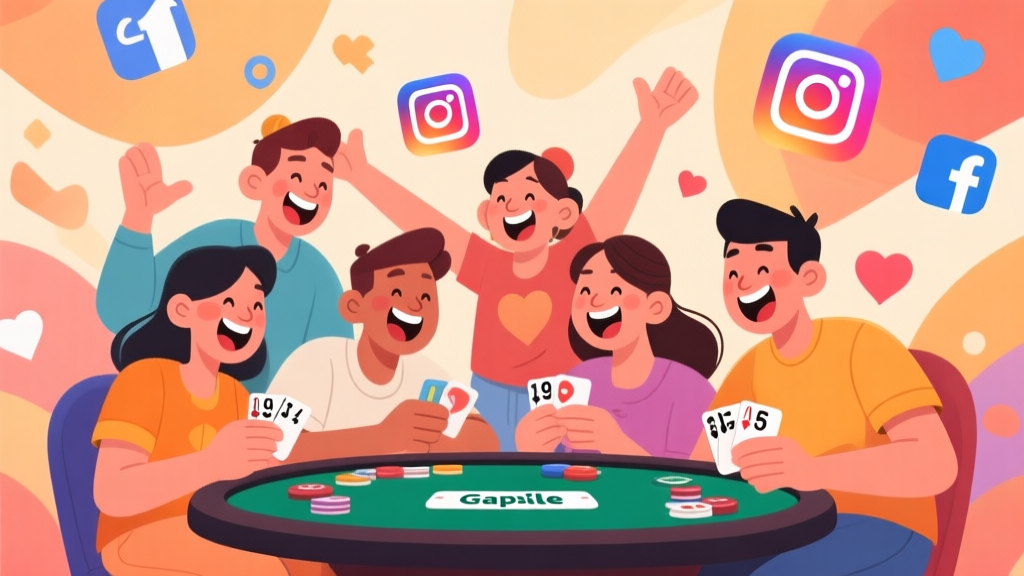 Ilustrasi digital sekelompok orang bermain gaple online dengan ekspresi senang dan riang, latar belakang abstrak dengan ikon media sosial dan simbol persahabatan, gaya kartun modern dengan warna hangat high quality illustration, detailed, 16:9