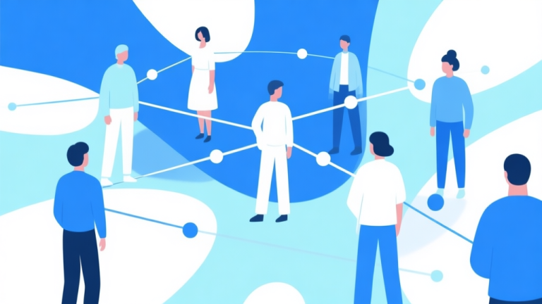 自动生成图片: Ilustrasi abstrak sekelompok orang terhubung melalui garis dan titik, skema warna biru muda dan putih, desain minimal bersih, konsep komunitas digital high quality illustration, detailed, 16:9