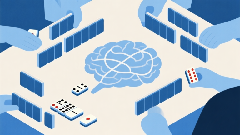 自动生成图片: Ilustrasi abstrak permainan domino gaple dengan elemen psikologi, diagram pola pikir pemain, warna netral dengan aksen biru lembut, gaya minimalis profesional high quality illustration, detailed, 16:9