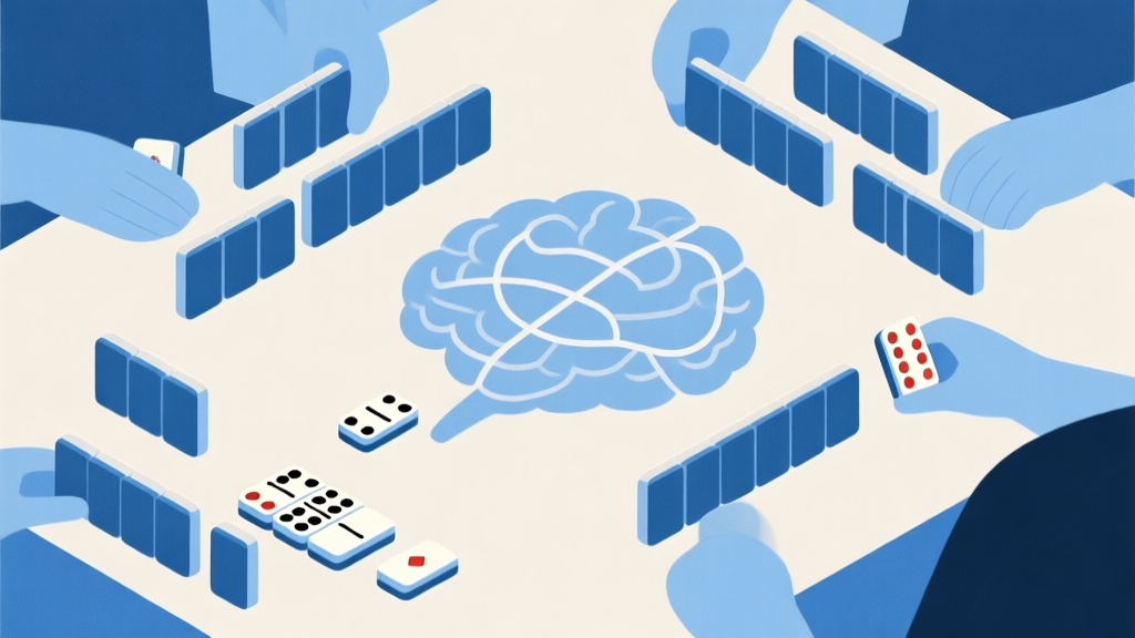 Ilustrasi abstrak permainan domino gaple dengan elemen psikologi, diagram pola pikir pemain, warna netral dengan aksen biru lembut, gaya minimalis profesional high quality illustration, detailed, 16:9
