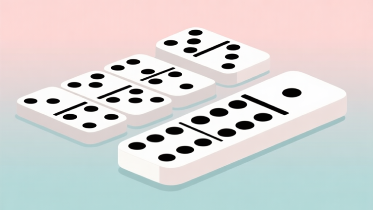 自动生成图片: Ilustrasi minimalis set domino gaple dengan tampilan atas, susunan kartu domino berwarna putih dan hitam, latar belakang pastel soft, gaya desain bersih dan informatif high quality illustration, detailed, 16:9