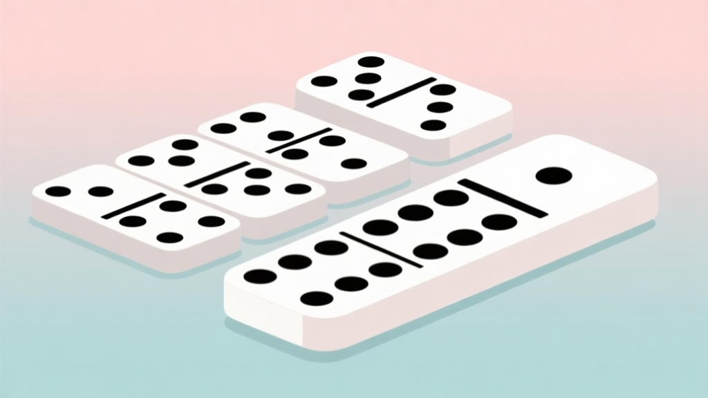 Ilustrasi minimalis set domino gaple dengan tampilan atas, susunan kartu domino berwarna putih dan hitam, latar belakang pastel soft, gaya desain bersih dan informatif high quality illustration, detailed, 16:9