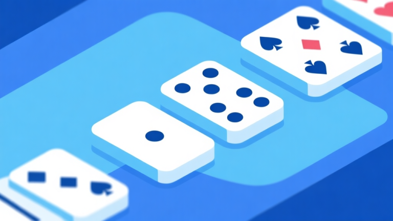 自动生成图片: Ilustrasi abstrak domino gaple online dengan tampilan minimalis, skema warna biru muda dan putih, desain bersih profesional, konsep permainan strategi high quality illustration, detailed, 16:9