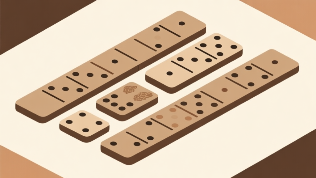Ilustrasi minimalis set domino gaple dengan susunan rapi, skema warna earth tone, desain clean dengan elemen tradisional Indonesia abstrak high quality illustration, detailed, 16:9