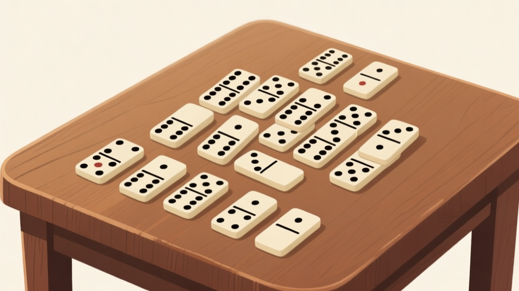 Ilustrasi set kartu domino gaple dengan susunan rapi di atas meja kayu, menunjukkan berbagai kombinasi titik dari ganda kosong hingga ganda enam, latar belakang sederhana dengan pencahayaan natural high quality illustration, detailed, 16:9