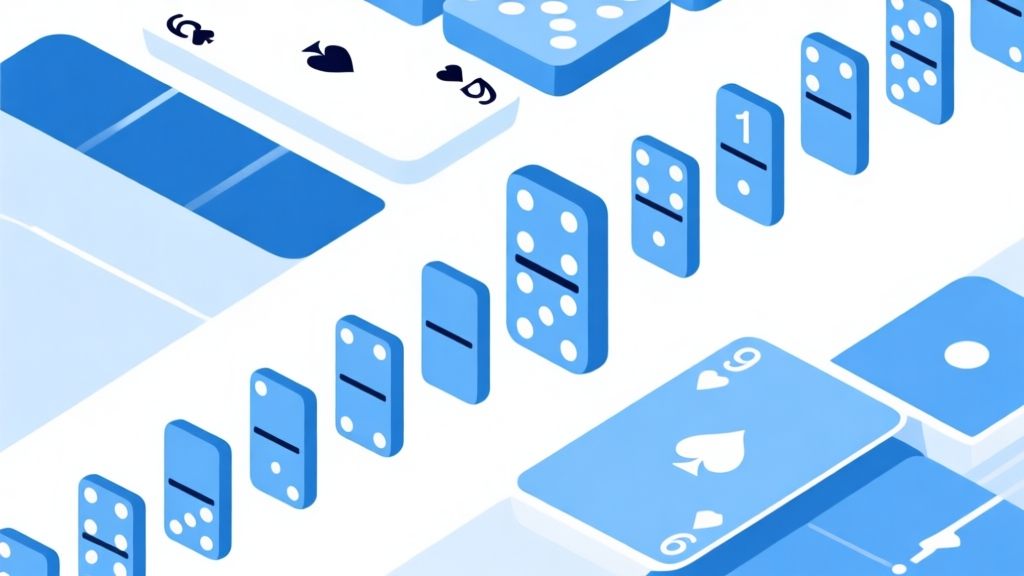 Ilustrasi abstrak sistem poin domino dengan tampilan angka dan kartu domino tersusun rapi, skema warna biru muda dan putih, desain minimalis bersih, gaya presentasi profesional high quality illustration, detailed, 16:9