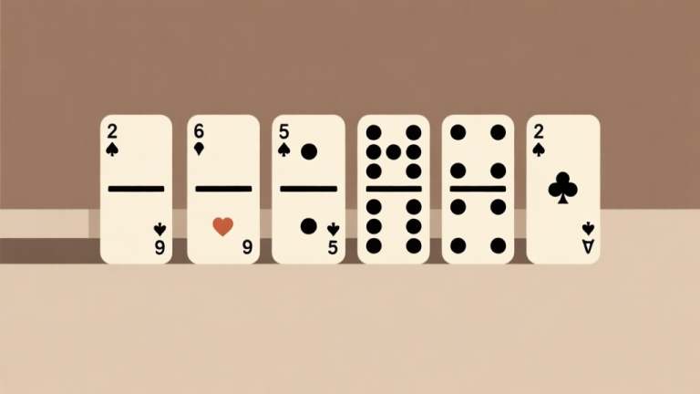 自动生成图片: Ilustrasi minimalis set domino dengan 6 kartu tersusun rapi, latar belakang netral dengan warna earth tone, gaya desain clean dan profesional high quality illustration, detailed, 16:9