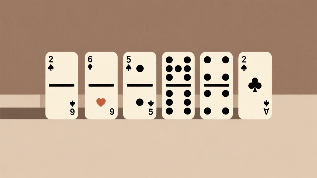 Ilustrasi minimalis set domino dengan 6 kartu tersusun rapi, latar belakang netral dengan warna earth tone, gaya desain clean dan profesional high quality illustration, detailed, 16:9