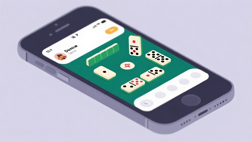 Ilustrasi minimalis permainan domino online di layar smartphone, dengan tampilan clean dan warna soft, gaya profesional untuk konsep gaming modern high quality illustration, detailed, 16:9