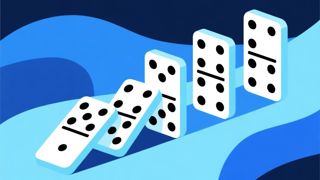 Ilustrasi abstrak perkembangan domino dari kartu fisik ke antarmuka digital, skema warna biru muda dan putih, desain minimal bersih, gaya presentasi bisnis modern high quality illustration, detailed, 16:9
