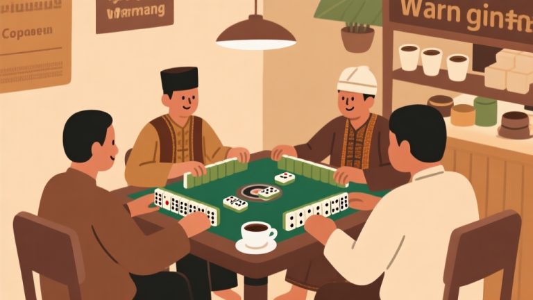 自动生成图片: Ilustrasi minimalis permainan domino tradisional di warung kopi Indonesia dengan nuansa hangat, skema warna earth tone, gaya ilustrasi budaya kontemporer high quality illustration, detailed, 16:9