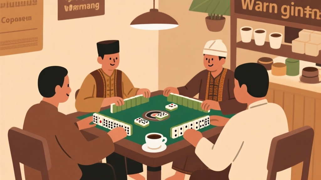 Ilustrasi minimalis permainan domino tradisional di warung kopi Indonesia dengan nuansa hangat, skema warna earth tone, gaya ilustrasi budaya kontemporer high quality illustration, detailed, 16:9