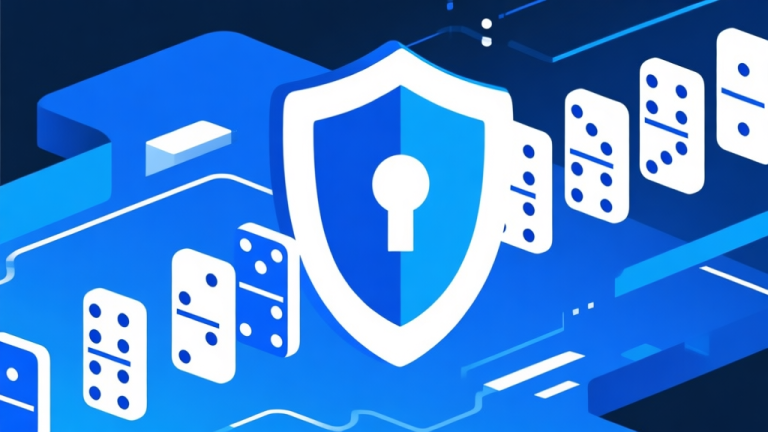 自动生成图片: Ilustrasi abstrak perisai keamanan digital dengan elemen domino, skema warna biru dan putih yang bersih, desain minimalis profesional, konsep perlindungan data high quality illustration, detailed, 16:9