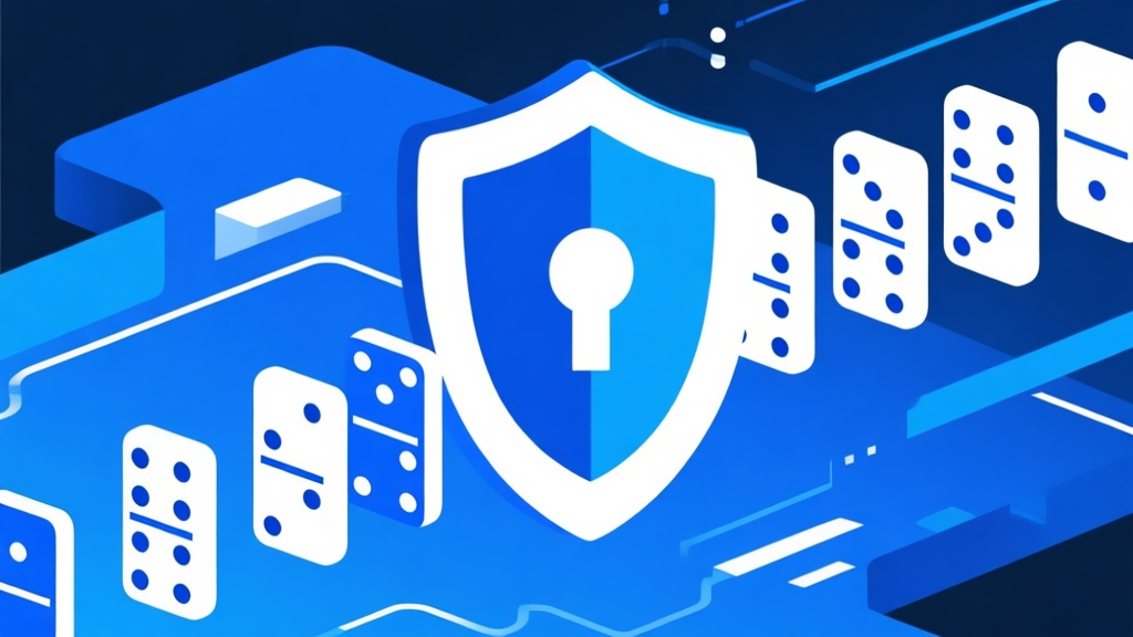 Ilustrasi abstrak perisai keamanan digital dengan elemen domino, skema warna biru dan putih yang bersih, desain minimalis profesional, konsep perlindungan data high quality illustration, detailed, 16:9