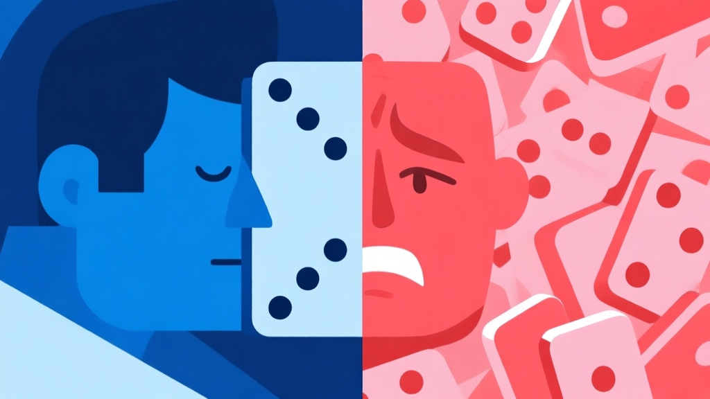 Ilustrasi grafis abstrak menunjukkan dua sisi kepribadian pemain domino, satu sisi tenang dan fokus, sisi lain emosional dan kacau, dengan skema warna biru dan merah muda, gaya minimalis modern high quality illustration, detailed, 16:9