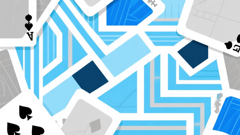 自动生成图片: Ilustrasi abstrak permainan kartu dengan pola garis dan bentuk geometris yang saling terhubung, skema warna biru muda dan abu-abu, desain minimalis bersih, konsep analisis pola dan strategi high quality illustration, detailed, 16:9