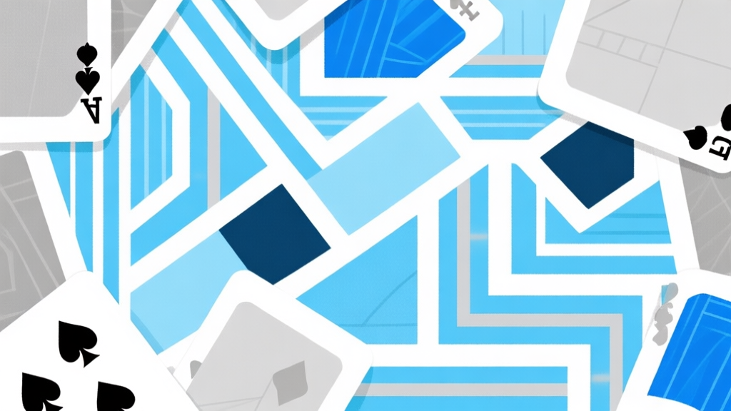 Ilustrasi abstrak permainan kartu dengan pola garis dan bentuk geometris yang saling terhubung, skema warna biru muda dan abu-abu, desain minimalis bersih, konsep analisis pola dan strategi high quality illustration, detailed, 16:9