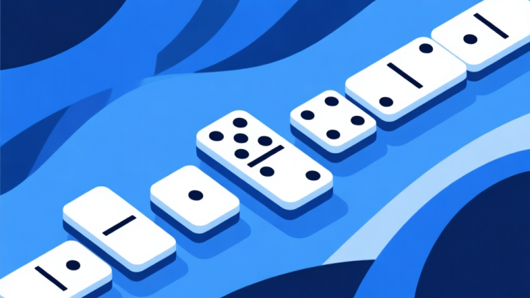 自动生成图片: Ilustrasi digital permainan domino gaple dengan tampilan modern, warna biru dan putih dominan, desain minimalis yang bersih, menunjukkan kartu domino tersusun rapi di latar belakang abstrak high quality illustration, detailed, 16:9