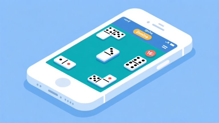 自动生成图片: Ilustrasi minimalis perangkat mobile dengan tampilan permainan domino online, desain bersih dengan skema warna biru muda dan putih, gaya presentasi profesional high quality illustration, detailed, 16:9