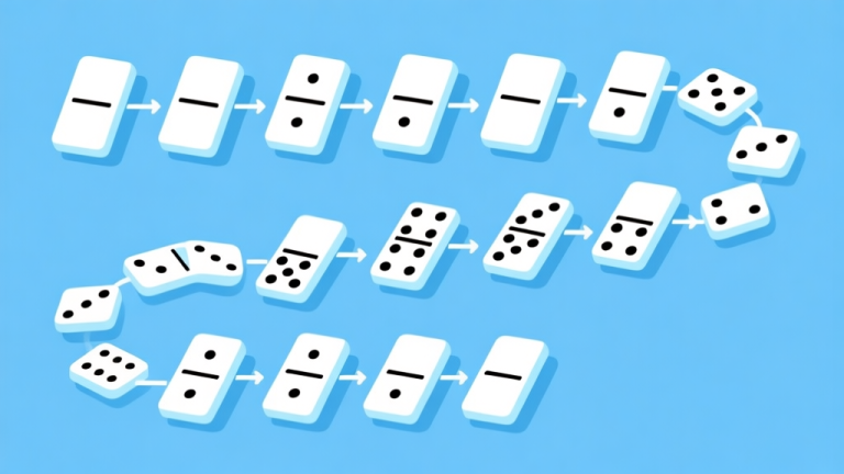 自动生成图片: Ilustrasi diagram alur sederhana dengan kartu domino tersusun rapi, skema warna biru muda dan putih, desain minimalis bersih, gaya presentasi bisnis profesional high quality illustration, detailed, 16:9