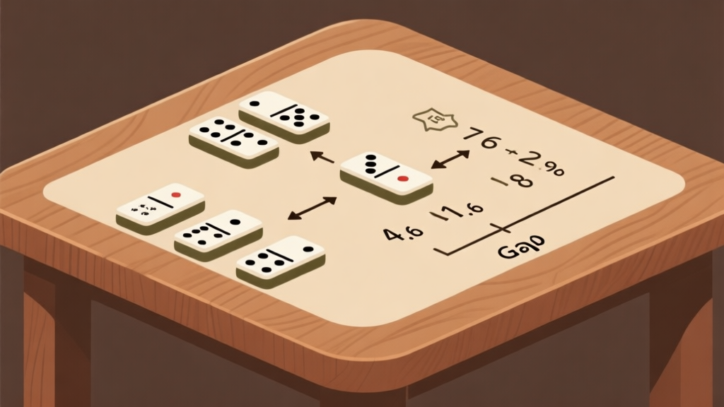 Ilustrasi kartu domino gaple tersusun rapi di atas meja kayu dengan diagram panah dan perhitungan probabilitas sederhana, gaya minimalis dengan warna earth tone, desain bersih dan informatif high quality illustration, detailed, 16:9