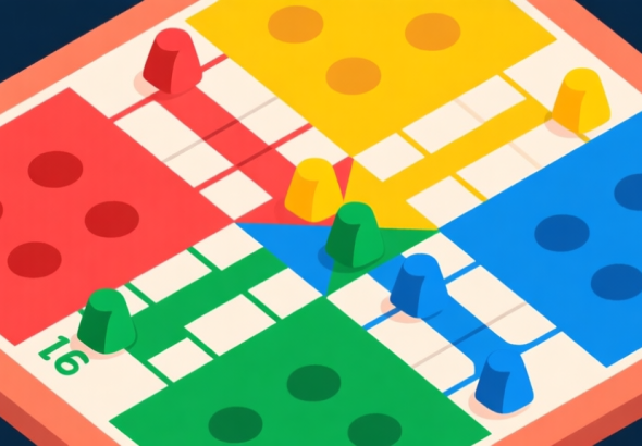 自动生成图片: Ilustrasi digital papan permainan Ludo dengan warna-warna cerah, tampak dari atas, dengan beberapa bidak berwarna merah, kuning, hijau, dan biru di atasnya, gaya ilustrasi flat design yang bersih dan modern high quality illustration, detailed, 16:9