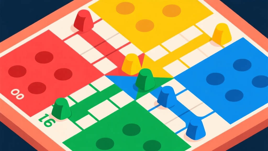 Ilustrasi digital papan permainan Ludo dengan warna-warna cerah, tampak dari atas, dengan beberapa bidak berwarna merah, kuning, hijau, dan biru di atasnya, gaya ilustrasi flat design yang bersih dan modern high quality illustration, detailed, 16:9