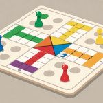 自动生成图片: Ilustrasi papan permainan Ludo dengan jalur yang jelas, pion berwarna berbeda di posisi strategis, desain minimalis dengan warna netral, konsep permainan papan klasik high quality illustration, detailed, 16:9