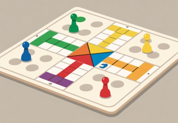 自动生成图片: Ilustrasi papan permainan Ludo dengan jalur yang jelas, pion berwarna berbeda di posisi strategis, desain minimalis dengan warna netral, konsep permainan papan klasik high quality illustration, detailed, 16:9