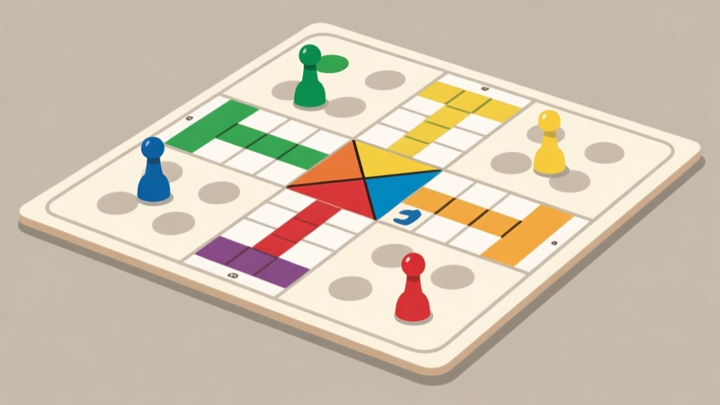 Ilustrasi papan permainan Ludo dengan jalur yang jelas, pion berwarna berbeda di posisi strategis, desain minimalis dengan warna netral, konsep permainan papan klasik high quality illustration, detailed, 16:9