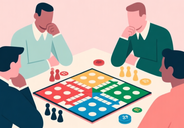 自动生成图片: Ilustrasi papan permainan Ludo dengan empat pemain sedang berpikir strategis, desain minimalis dengan warna pastel, gaya profesional abstrak high quality illustration, detailed, 16:9