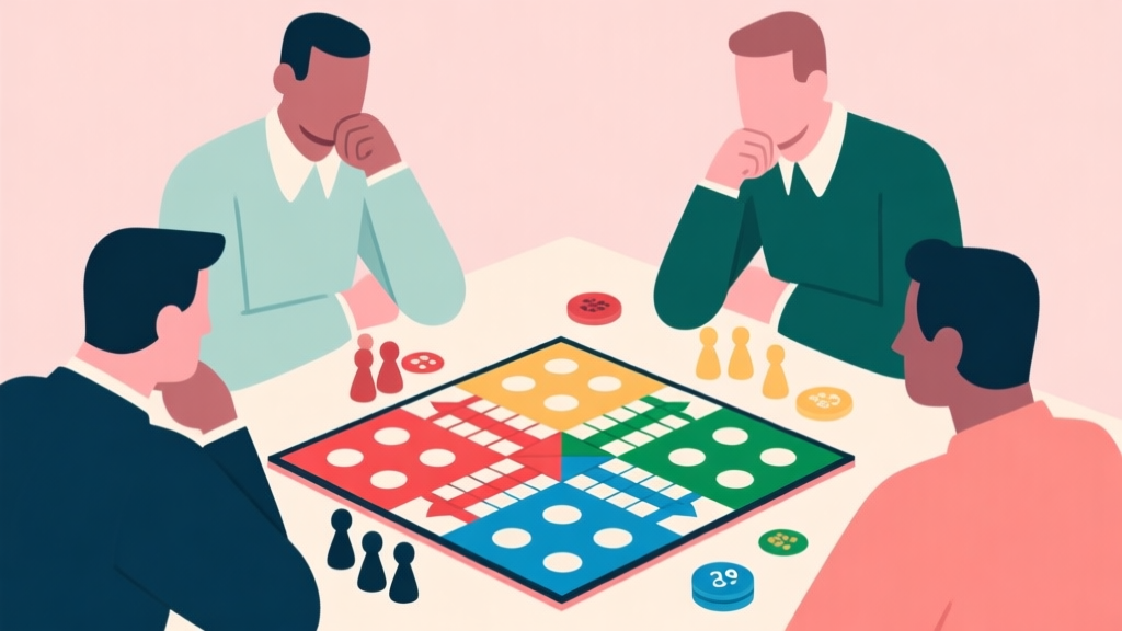 Ilustrasi papan permainan Ludo dengan empat pemain sedang berpikir strategis, desain minimalis dengan warna pastel, gaya profesional abstrak high quality illustration, detailed, 16:9