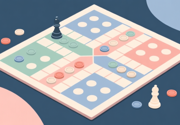 自动生成图片: Ilustrasi abstrak papan permainan Ludo dengan jalur berliku dan token berwarna netral, gaya minimalis profesional dengan skema warna pastel lembut, konsep strategi dan analisis high quality illustration, detailed, 16:9