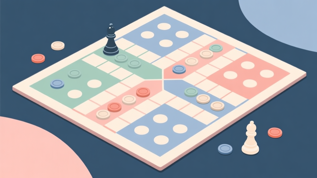 Ilustrasi abstrak papan permainan Ludo dengan jalur berliku dan token berwarna netral, gaya minimalis profesional dengan skema warna pastel lembut, konsep strategi dan analisis high quality illustration, detailed, 16:9