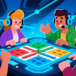 自动生成图片: Ilustrasi tim bermain Ludo online dengan empat karakter berbeda berkomunikasi melalui headset, papan permainan Ludo digital dengan efek cahaya biru, latar belakang abstrak dengan garis koneksi antara pemain, gaya ilustrasi game modern high quality illustration, detailed, 16:9