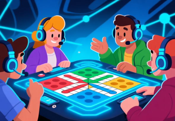 自动生成图片: Ilustrasi tim bermain Ludo online dengan empat karakter berbeda berkomunikasi melalui headset, papan permainan Ludo digital dengan efek cahaya biru, latar belakang abstrak dengan garis koneksi antara pemain, gaya ilustrasi game modern high quality illustration, detailed, 16:9