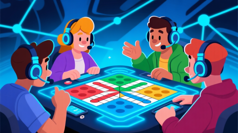 自动生成图片: Ilustrasi tim bermain Ludo online dengan empat karakter berbeda berkomunikasi melalui headset, papan permainan Ludo digital dengan efek cahaya biru, latar belakang abstrak dengan garis koneksi antara pemain, gaya ilustrasi game modern high quality illustration, detailed, 16:9