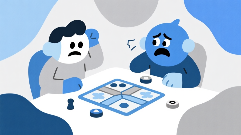 Ilustrasi abstrak permainan Ludo dengan tokoh karakter terlihat bingung dan frustasi, warna lembut dengan nuansa biru dan abu-abu, gaya minimalis modern high quality illustration, detailed, 16:9