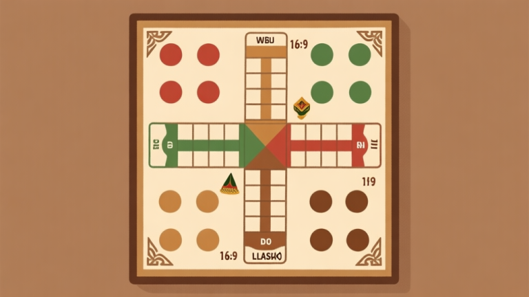 自动生成图片: Ilustrasi papan permainan Ludo klasik dengan desain tradisional Indonesia, warna-warna earth tone, gaya minimalis dengan elemen budaya lokal high quality illustration, detailed, 16:9