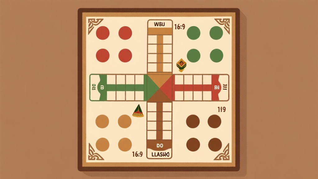 Ilustrasi papan permainan Ludo klasik dengan desain tradisional Indonesia, warna-warna earth tone, gaya minimalis dengan elemen budaya lokal high quality illustration, detailed, 16:9