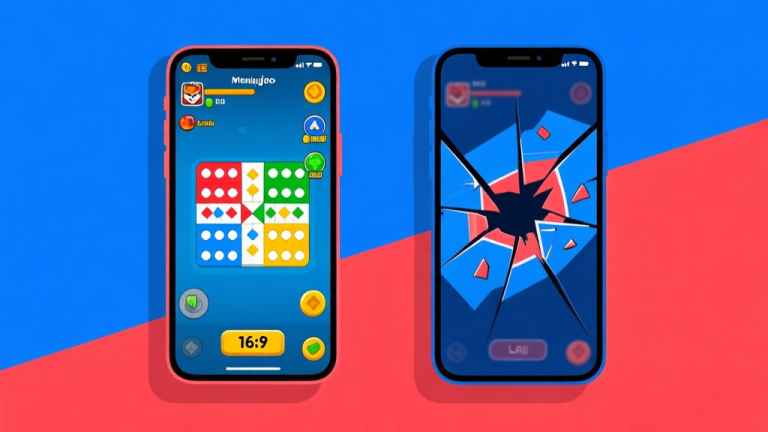 自动生成图片: Ilustrasi perbandingan dua layar smartphone, satu menunjukkan game Ludo berjalan lancar dengan grafis jelas, satunya lagi menunjukkan game lag dengan grafis pecah, menggunakan warna biru dan merah sebagai kontras, gaya ilustrasi digital modern high quality illustration, detailed, 16:9