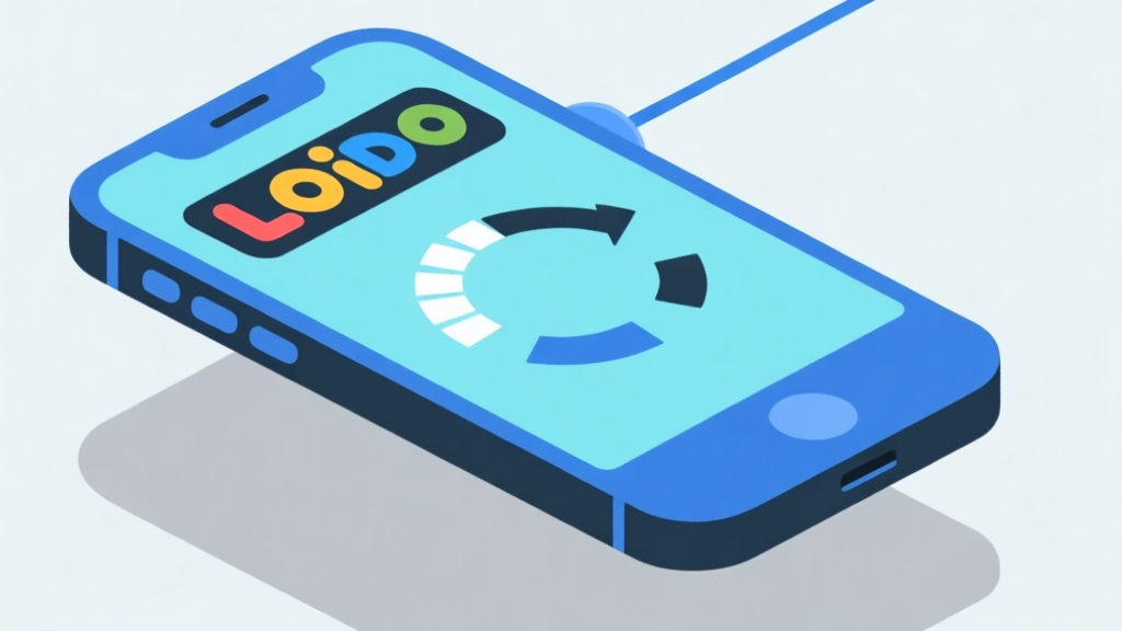 Ilustrasi abstrak menunjukkan ponsel dengan game Ludo yang mengalami gangguan koneksi, simbol loading berputar, warna biru muda dan abu-abu, gaya minimalis clean high quality illustration, detailed, 16:9