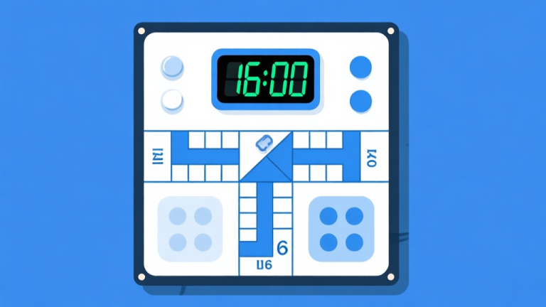 自动生成图片: Ilustrasi papan permainan Ludo dengan timer digital menunjukkan pengurangan waktu, gaya minimalis dengan warna biru dan putih, konsep efisiensi permainan high quality illustration, detailed, 16:9