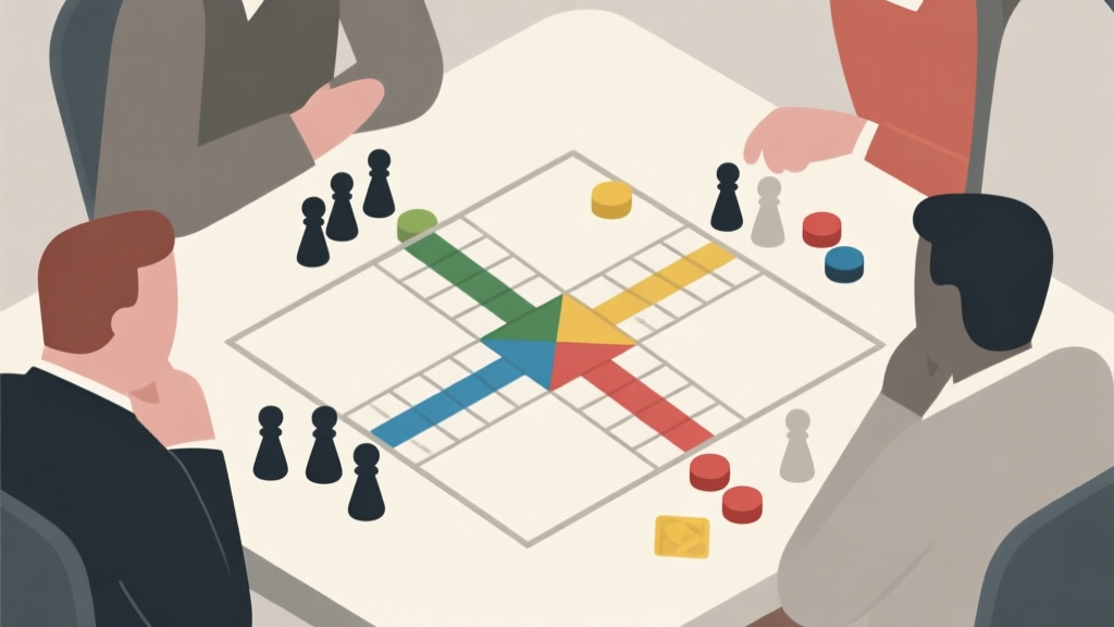 Ilustrasi abstrak permainan Ludo dengan empat pemain sedang mempertimbangkan langkah, gaya minimalis dengan warna netral, menunjukkan konsep pengambilan keputusan strategis high quality illustration, detailed, 16:9