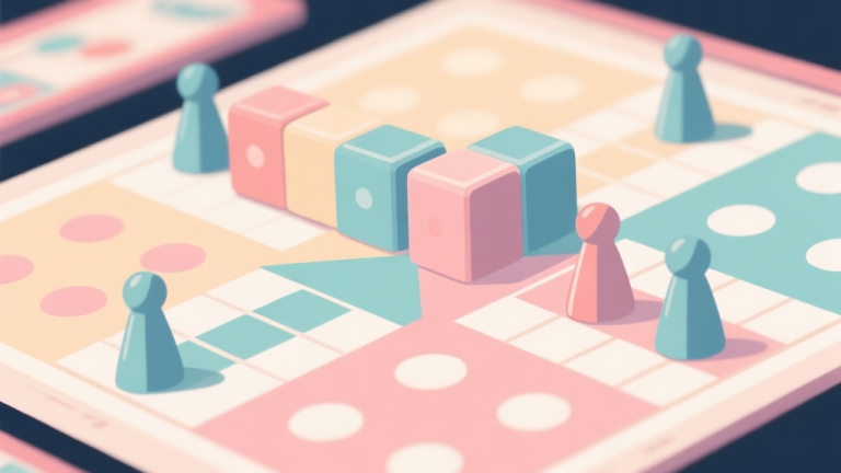 自动生成图片: Papan permainan Ludo dengan beberapa bidak membentuk formasi blokade strategis, warna pastel soft, gaya ilustrasi minimalis, komposisi clean dan profesional high quality illustration, detailed, 16:9