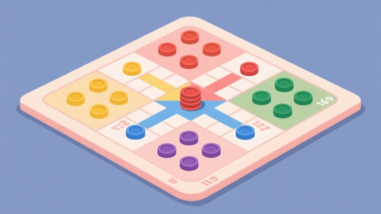 自动生成图片: Papan permainan Ludo dengan token berwarna berbeda tersusun rapi, gaya ilustrasi minimalis dengan warna pastel, komposisi clean dan profesional high quality illustration, detailed, 16:9