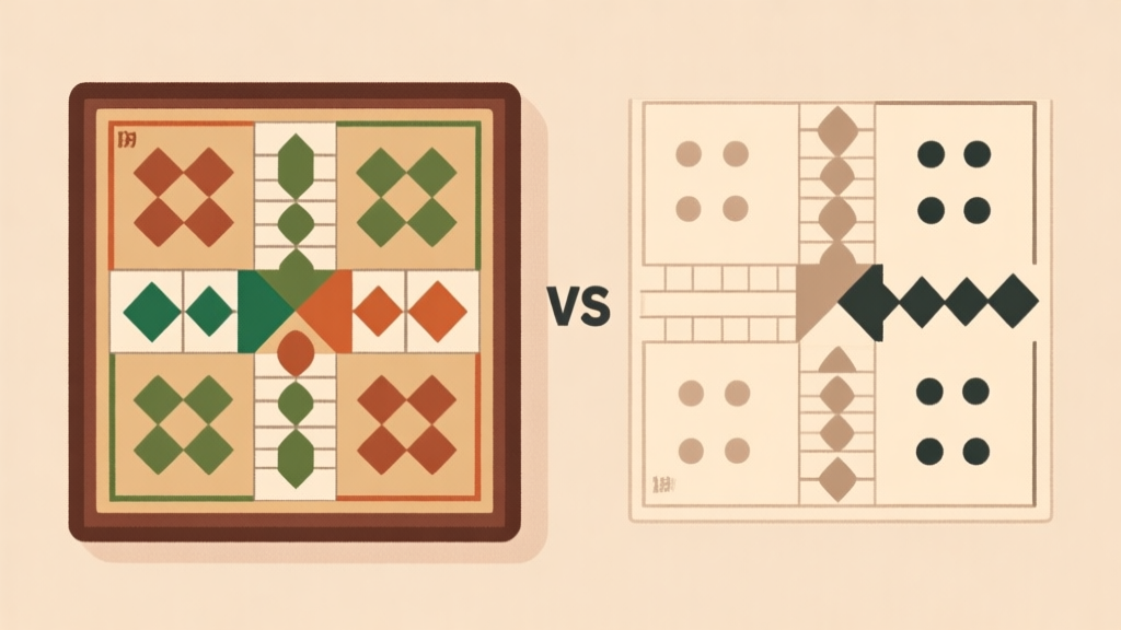 Ilustrasi perbandingan papan Ludo tradisional India dengan versi modern, gaya minimalis dengan elemen geometris, skema warna earth tone yang soft high quality illustration, detailed, 16:9