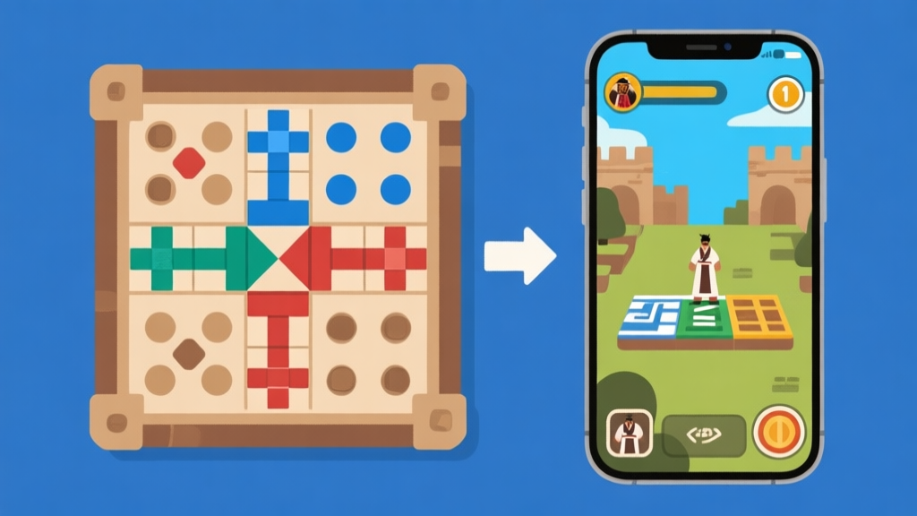 Ilustrasi digital transformation dari papan Ludo fisik ke tampilan mobile game, dengan elemen tradisional dan modern yang berpadu, warna earth tone dengan aksen biru, gaya flat design minimalis high quality illustration, detailed, 16:9